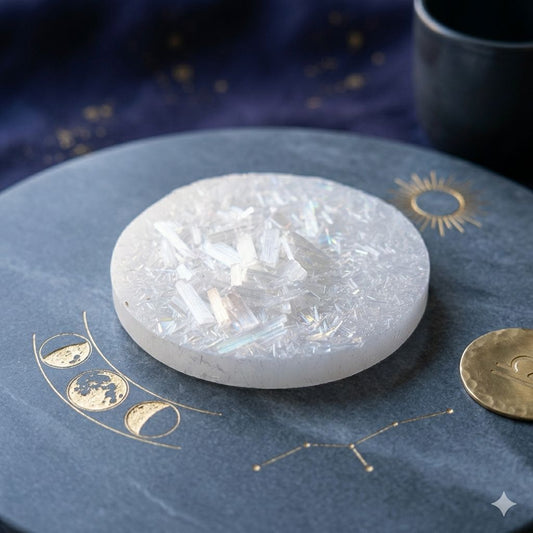 Raw selenite plate featuring embedded clear crystal clusters on blue fabric