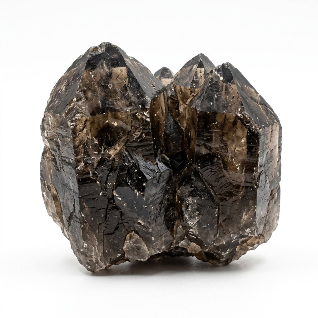 Raw smoky quartz crystal cluster with dark smoky smoky quartz points on white background