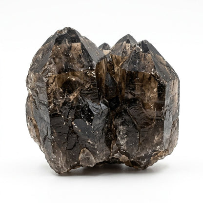 Raw smoky quartz crystal cluster with dark smoky smoky quartz points on white background