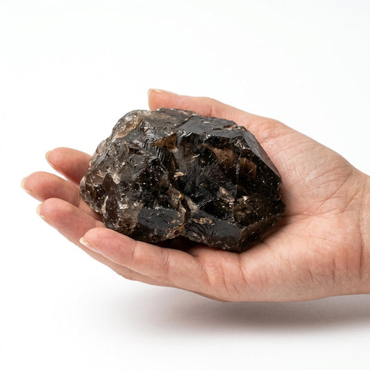 Raw smoky quartz crystal held in open hand, dark smoky quartz rough stone
