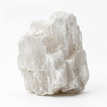 Raw white selenite crystal cluster with clear crystal blades on white background