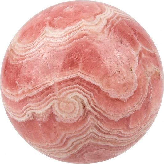 Illustration of a polished rhodochrosite bead; natural colour and pattern vary