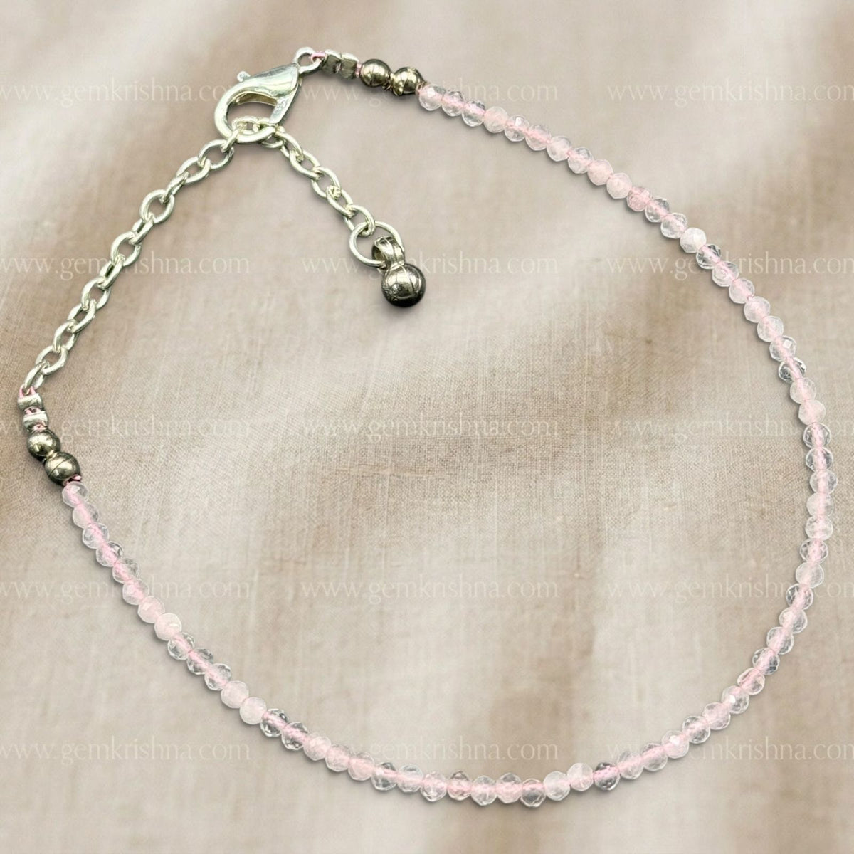 Rose quartz anklet with faceted pink beads and silver chain clasp detail