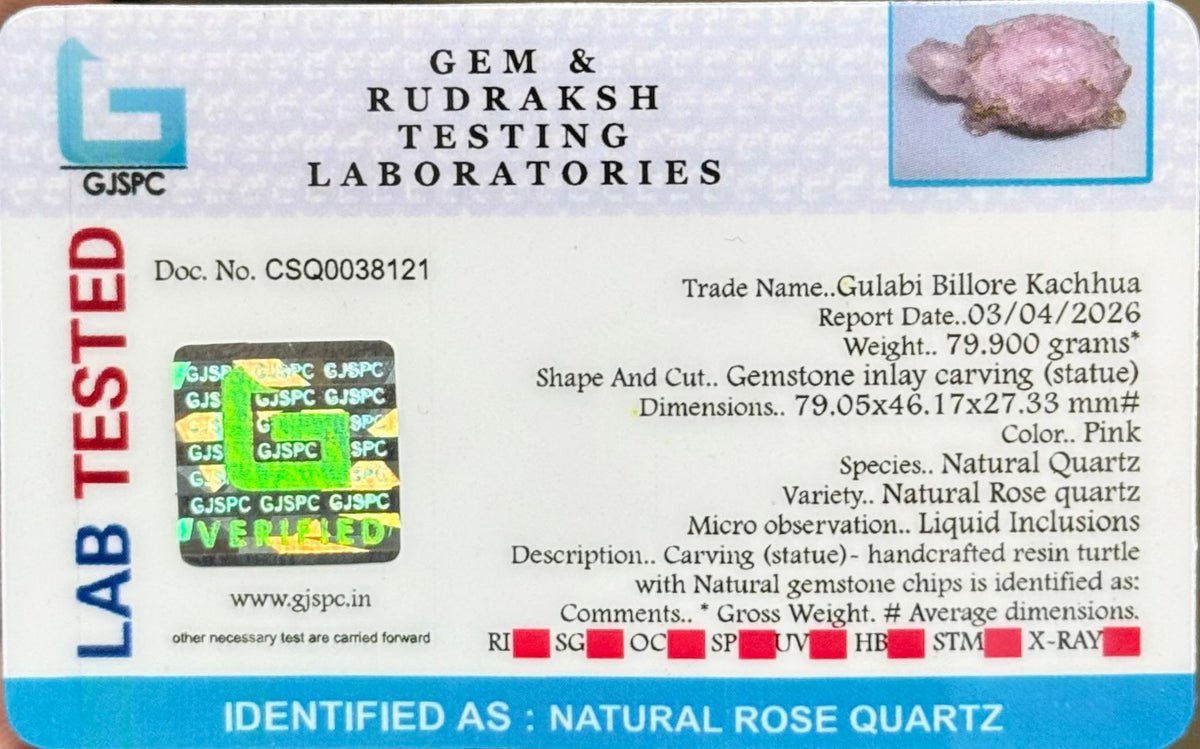 Gem testing label showing trade name Gulabi Billore Kachchua for rose quartz turtle