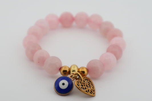 Rose Quartz with Evil Eye and Heart Charm Bracelet 💗🧿