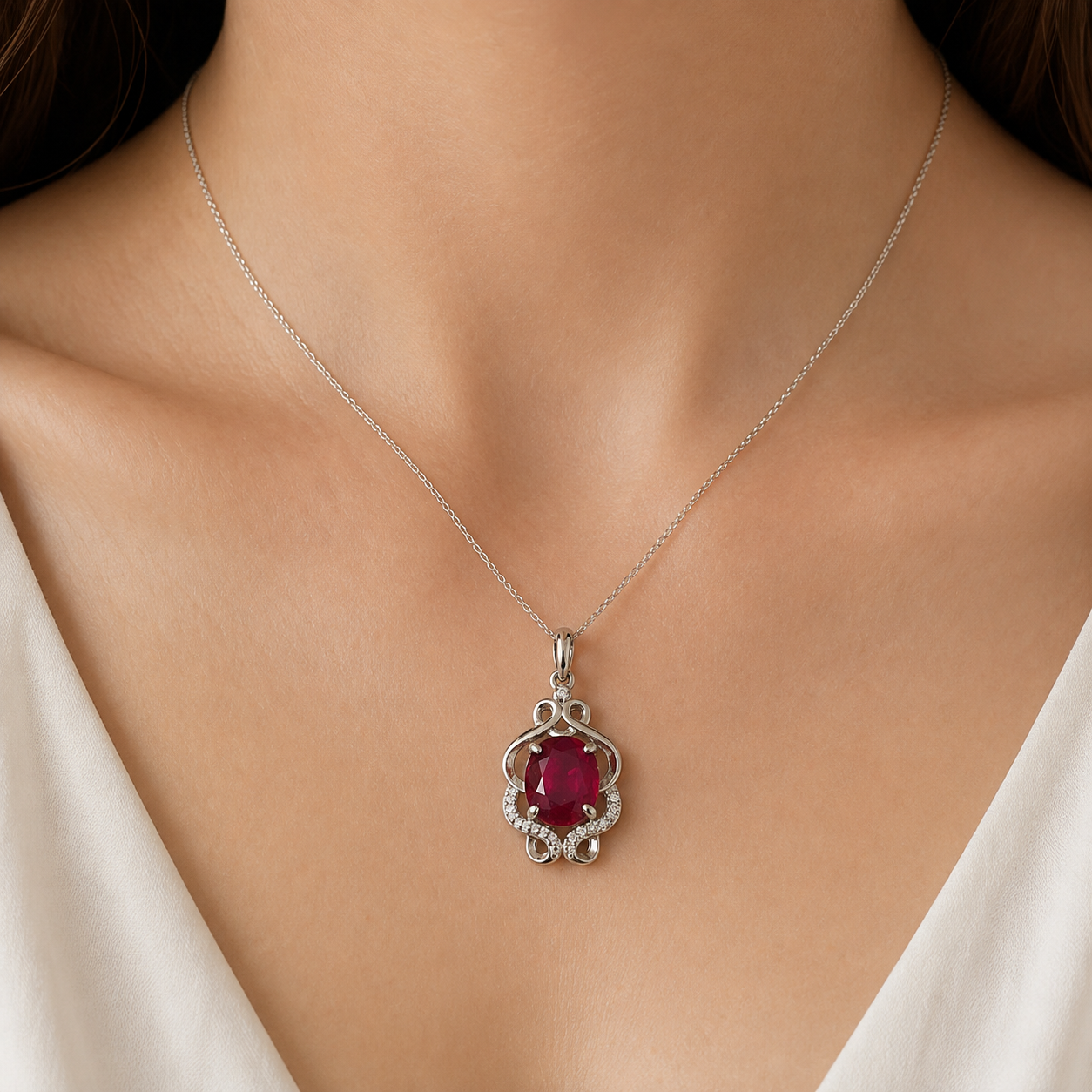Ruby manik locket pendant on silver chain against neckline, featuring red oval gemstone