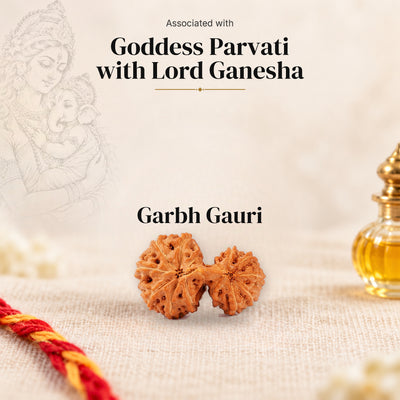 Garbh Gauri Indonesia Rudraksha bead on beige linen with moli thread and oil bottle and a faded sketch of Goddess Parvati with Lord Ganesha.