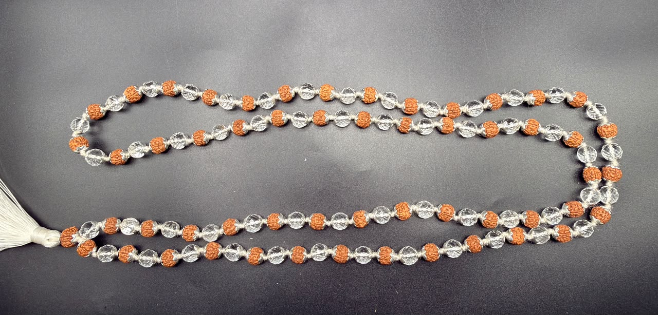 Rudraksha and clear quartz mala necklace with 925 silver bead caps and tassel end