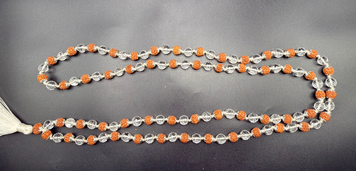 Rudraksha and clear quartz mala necklace with 925 silver bead caps and tassel end
