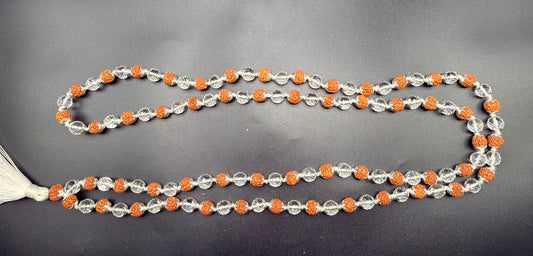 Rudraksha and clear quartz mala necklace with 925 silver bead caps and tassel end