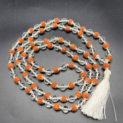 Rudraksha and clear quartz mala beads with 925 silver caps and white tassel