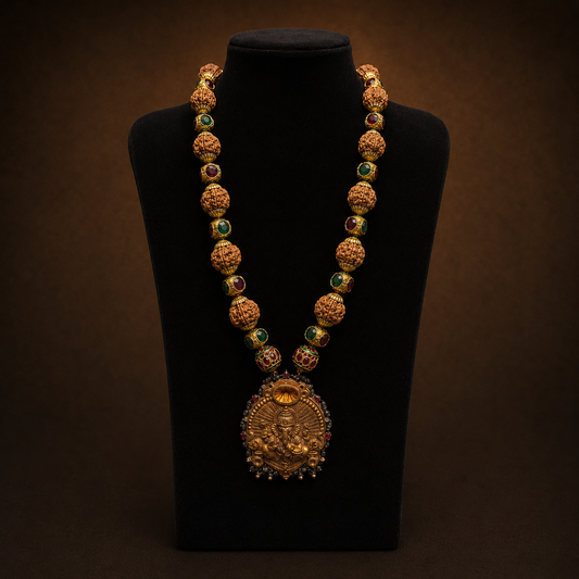 Rudraksha kundan mala necklace with Lord Ganesha pendant on black display bust