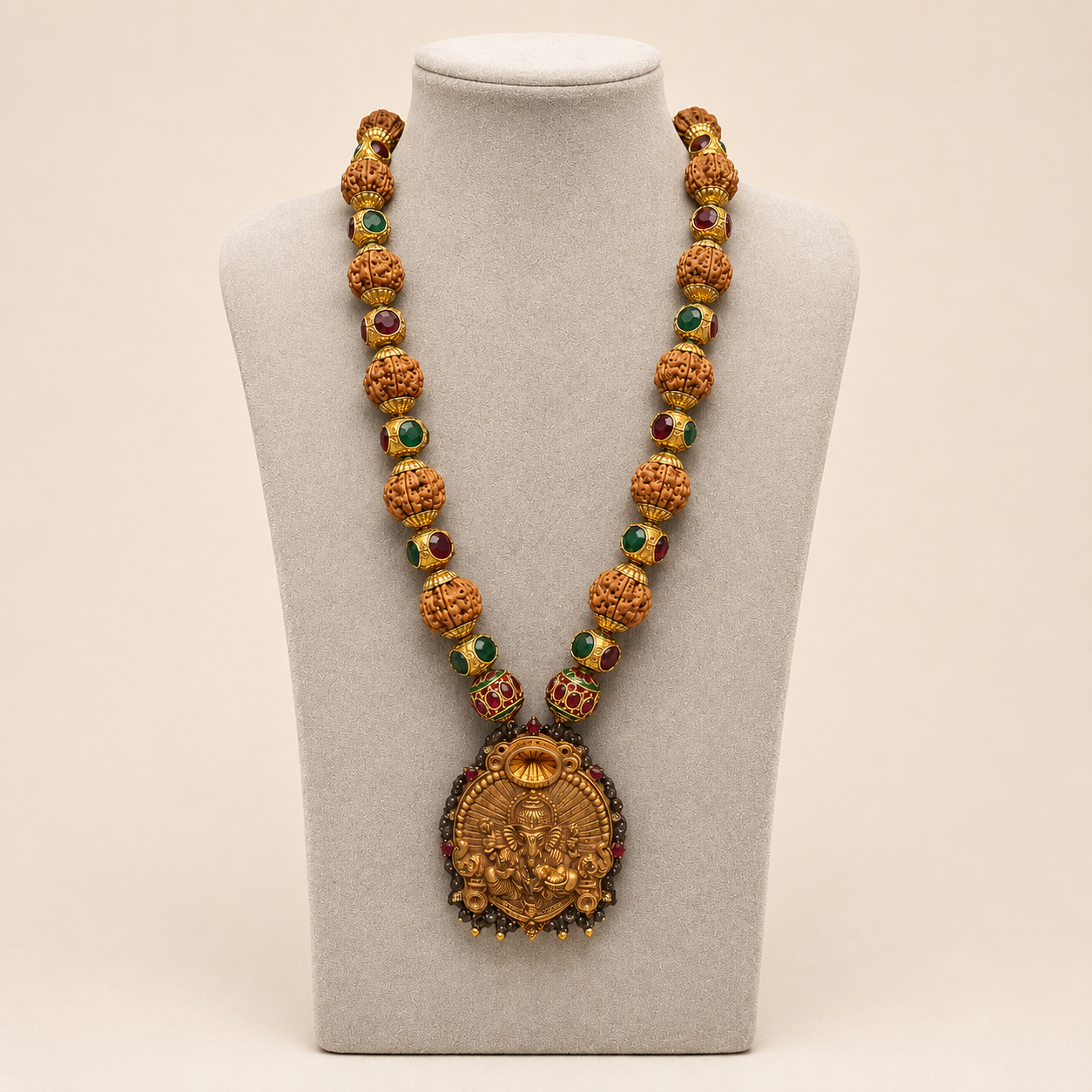Rudraksha kundan mala necklace with Lord Ganesha pendant shown on white display bust