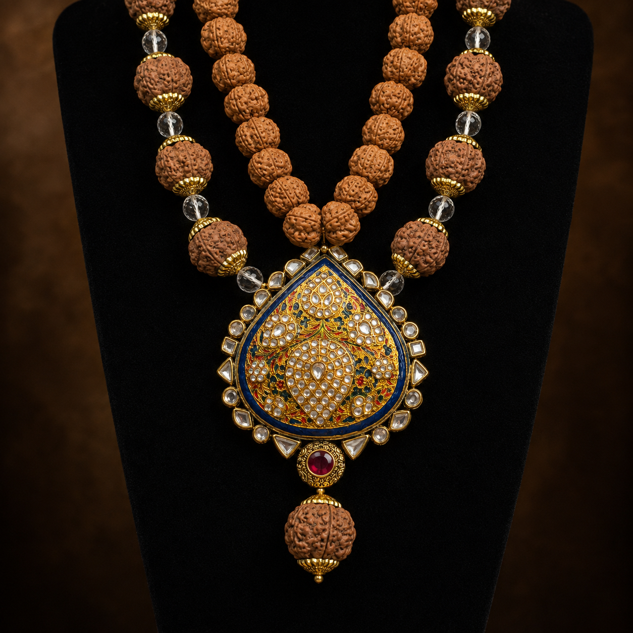 Rudraksha mala with kundan centerpiece pendant and clear bead drop on dark display