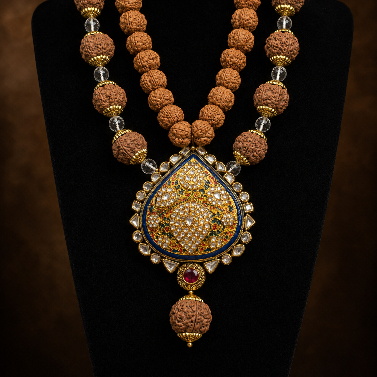 Rudraksha mala with kundan centerpiece pendant and clear bead drop on dark display