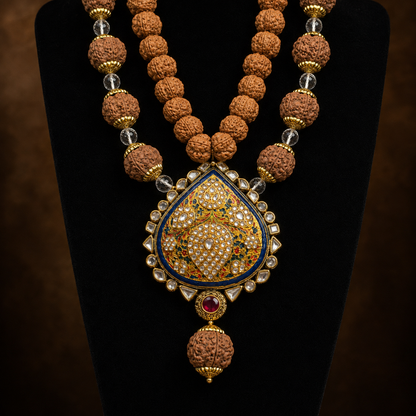 Rudraksha mala with kundan centerpiece pendant and clear bead drop on dark display