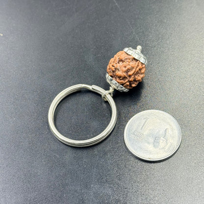 Rudraksha keychain pendant with silver-tone cap and metal ring next to coin on blue background