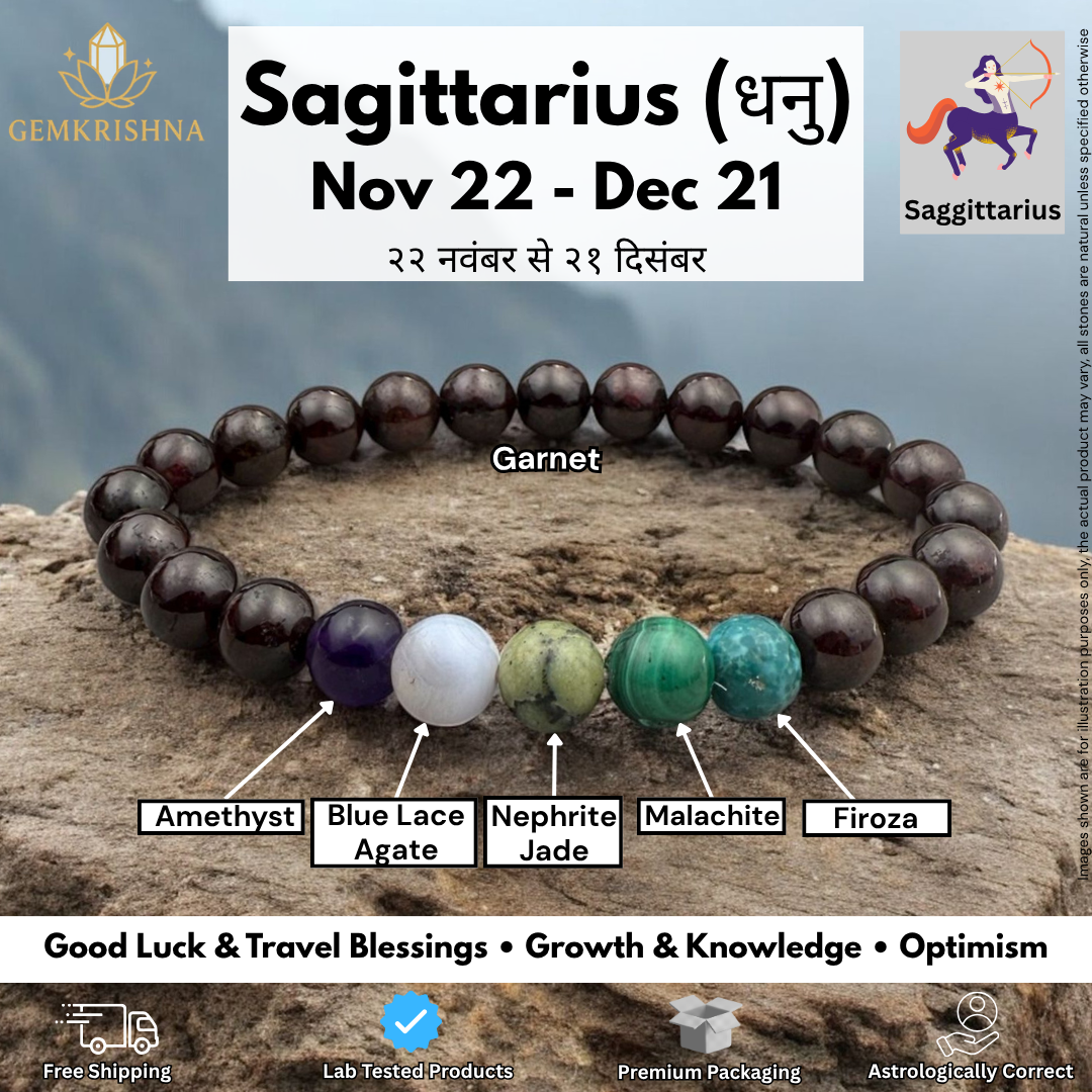Sagittarius bracelet with dark beads and gemstone accents shown with labels on a rock background