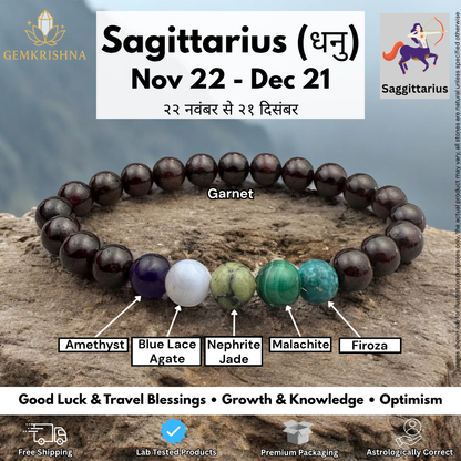 Sagittarius bracelet with dark beads and gemstone accents shown with labels on a rock background