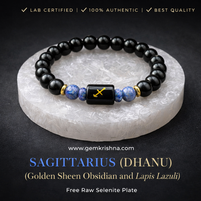 Sagittarius zodiac bracelet with golden sheen obsidian beads and lapis lazuli accents on selenite