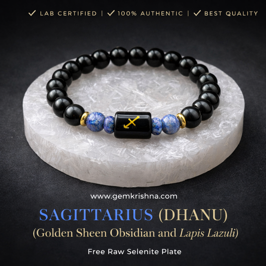Sagittarius zodiac bracelet with golden sheen obsidian beads and lapis lazuli accents on selenite