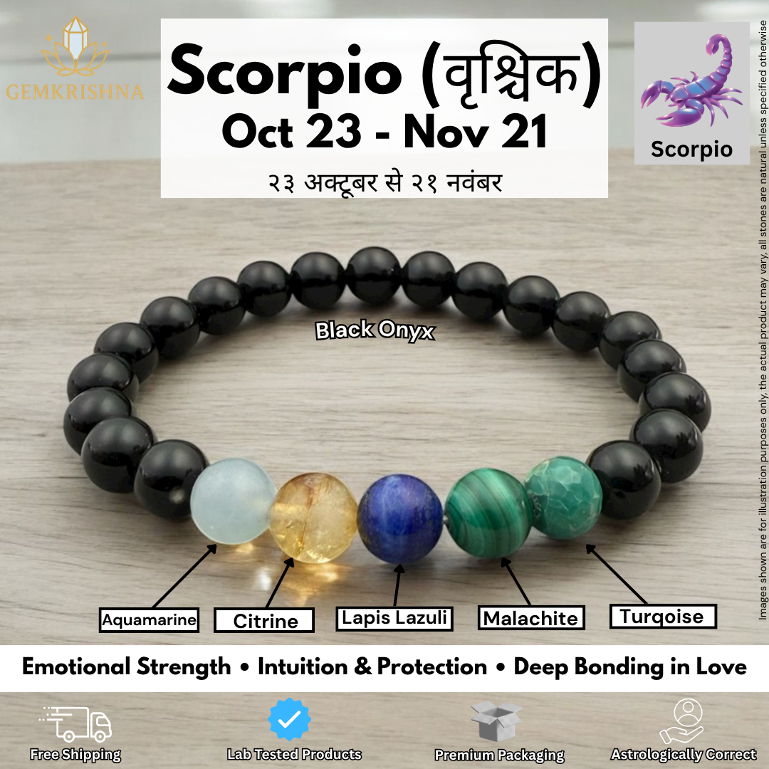 Scorpio bracelet on wood display with black beads and labeled aquamarine citrine lapis malachite turquoise
