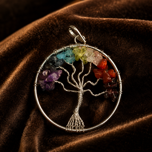 7 chakra tree locket pendant with colorful gemstone clusters on a silver wire frame