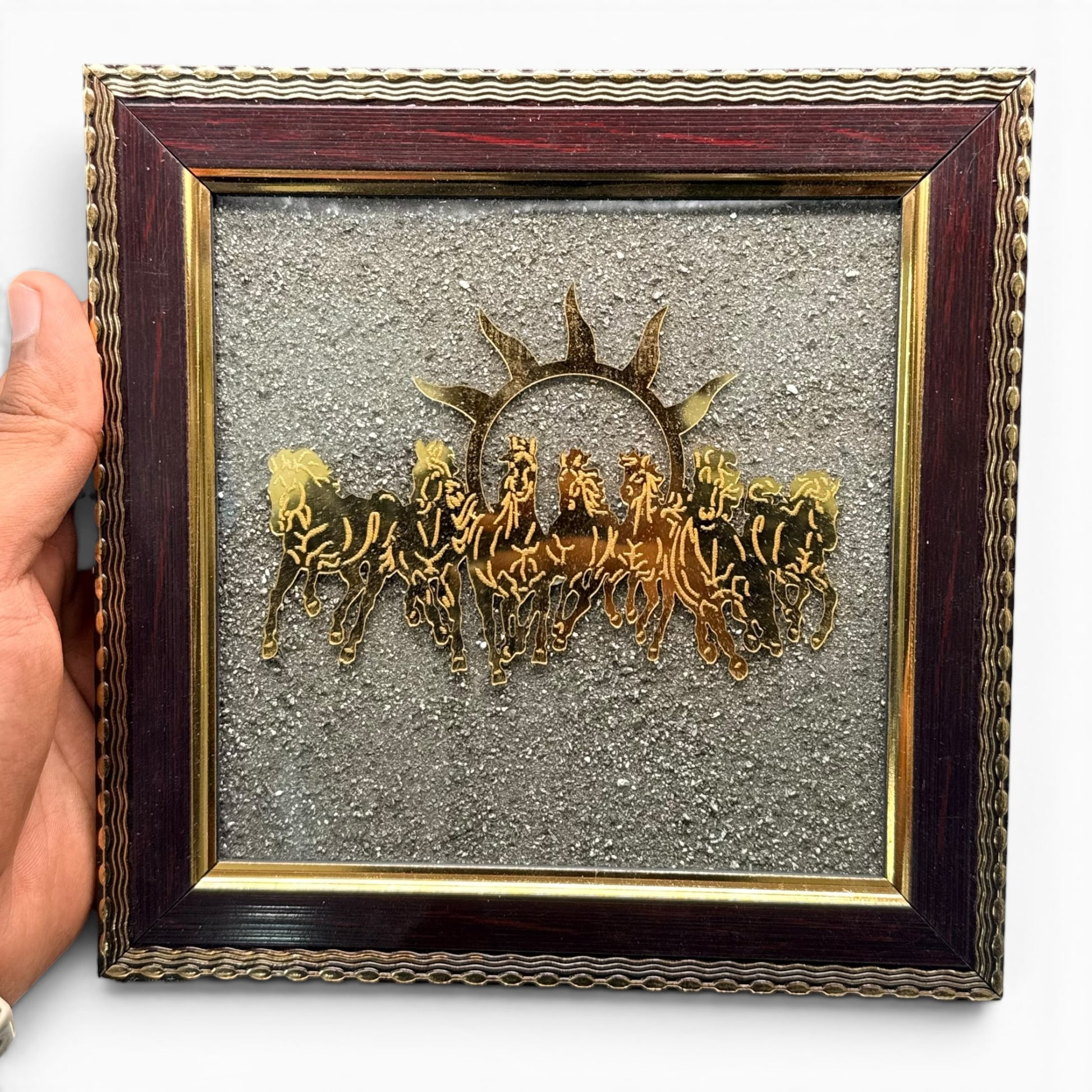 7 horses pyrite frame with gold horses scene on textured gray background