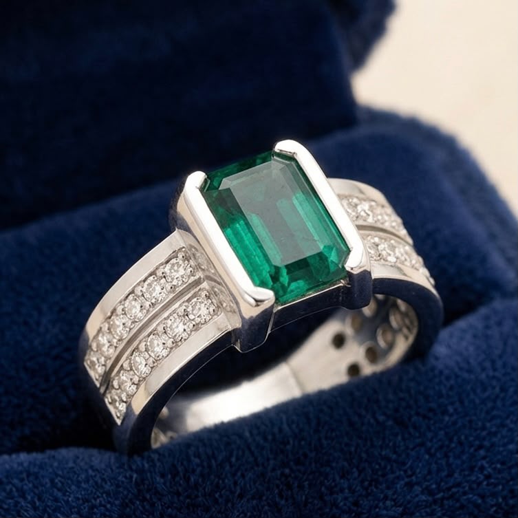 Silver emerald panna ring on dark velvet showing emerald centerpiece and pavé sides