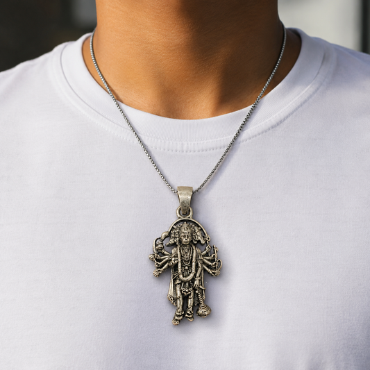 925 silver Panchmukhi Hanuman pendant worn on a silver chain against a white shirt