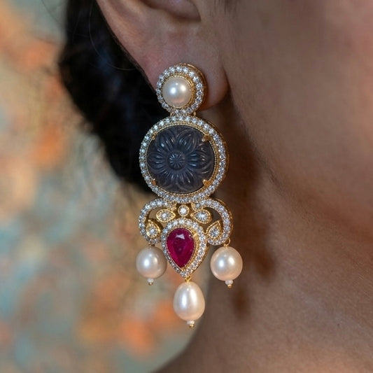 Silver polki-style diamond and ruby long drop earrings with pearl dangles