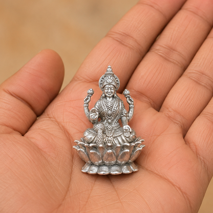 Small 925 silver Lakshmi goddess murti seated on lotus held in open palm