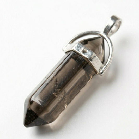 Smoky quartz pencil locket pendant with silver loop and hinged cap
