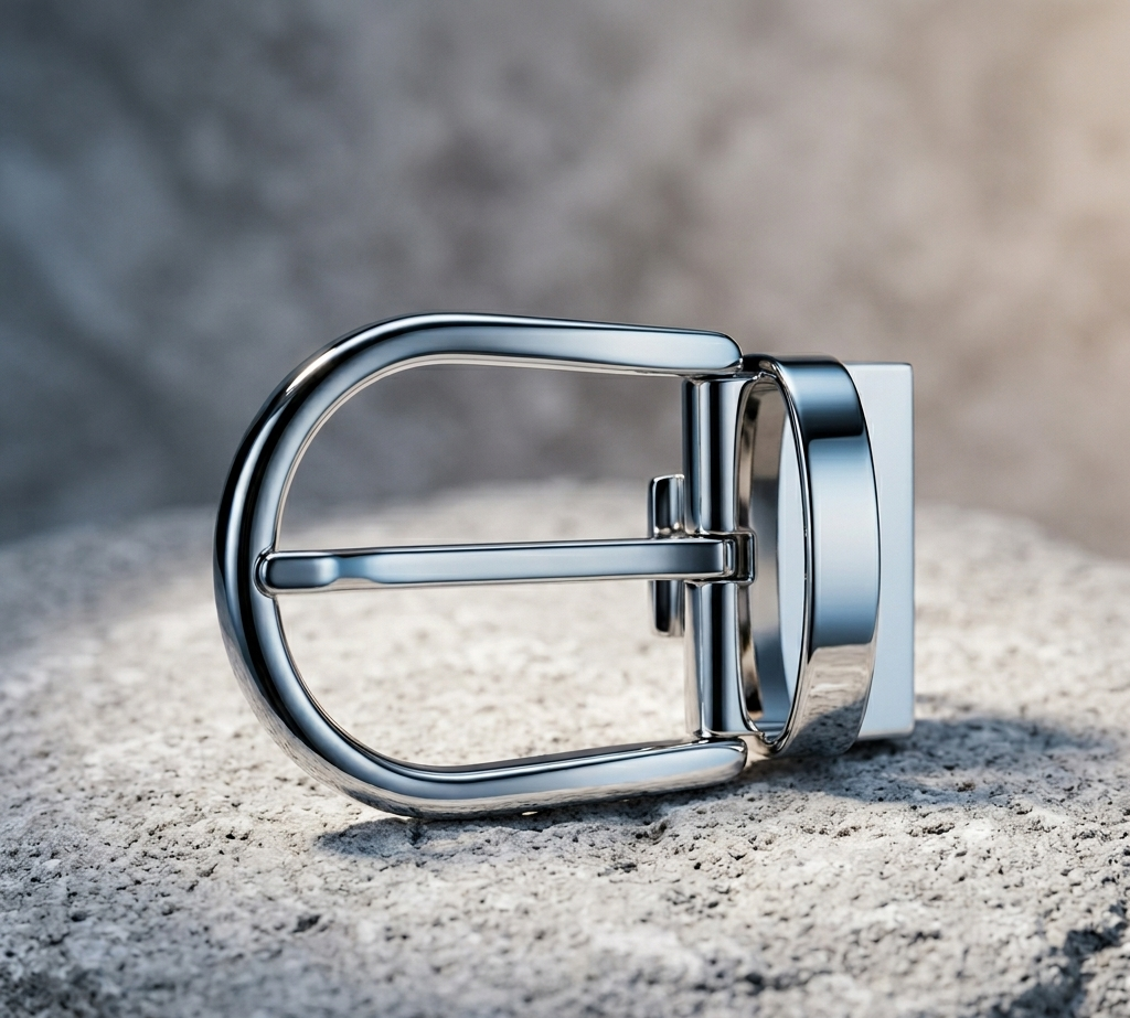 Sterling silver belt buckle with polished rectangular frame and hinged bar closure