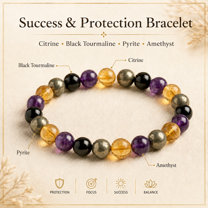 Success & Protection Bracelet beaded with citrine, amethyst, black tourmaline, pyrite, and other stones