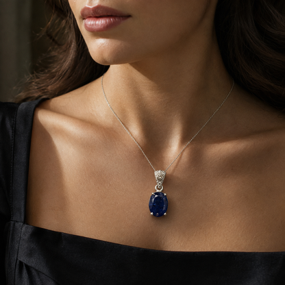 Natural tanzanite and lab-grown diamond pendant in 925 silver, model-worn on a silver chain