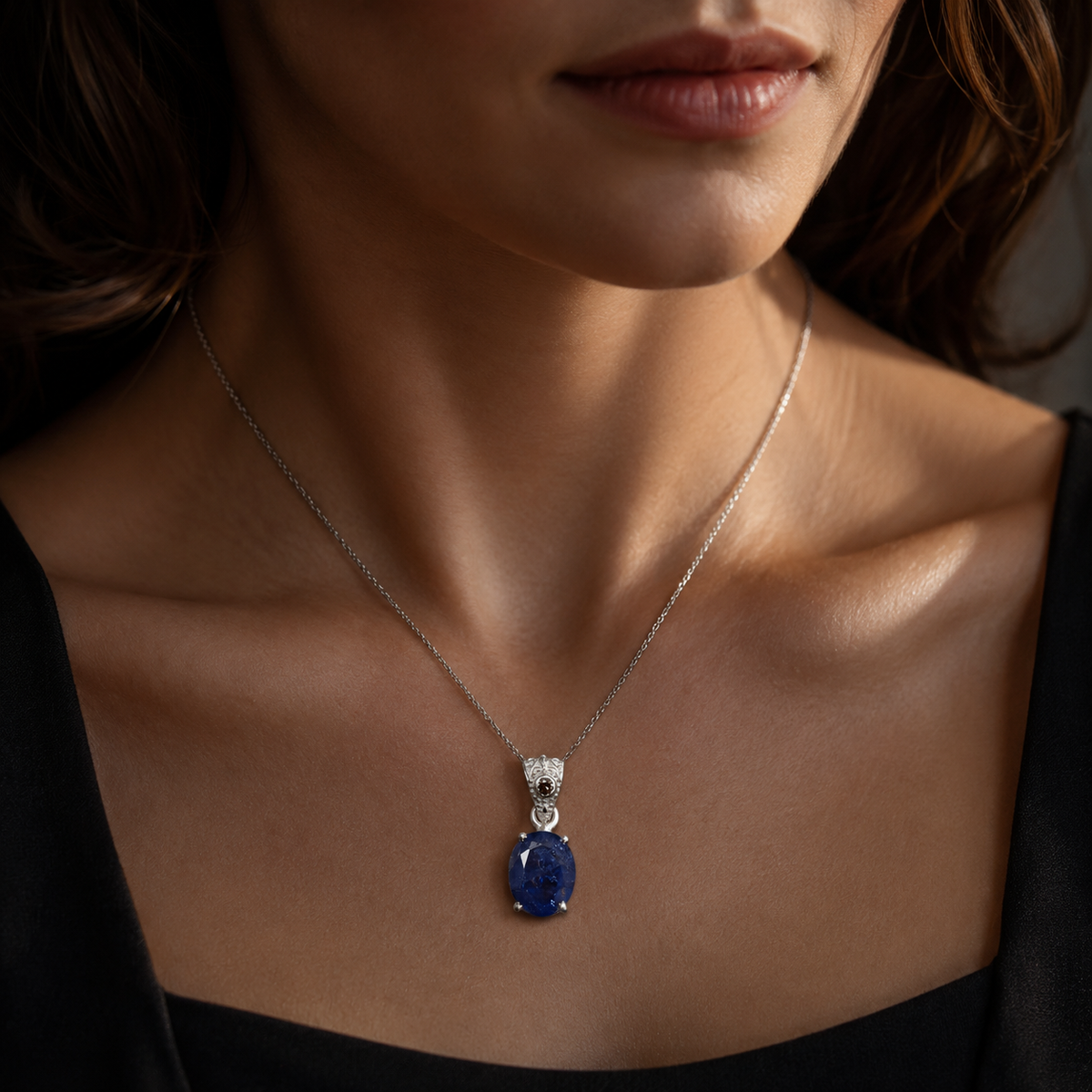 Natural tanzanite and lab-grown diamond pendant in 925 silver worn on a necklace