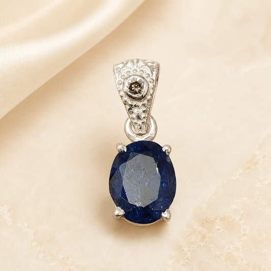 Close-up of natural tanzanite oval pendant with lab-grown diamonds in 925 silver