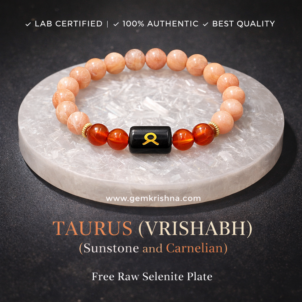 Taurus (Vrishabh) | Sunstone and Carnelian | Natural Crystal Zodiac Sign | Lab Certified | Free Raw Selenite Plate premium Ge