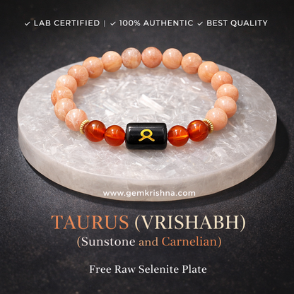Taurus (Vrishabh) | Sunstone and Carnelian | Natural Crystal Zodiac Sign | Lab Certified | Free Raw Selenite Plate premium Ge