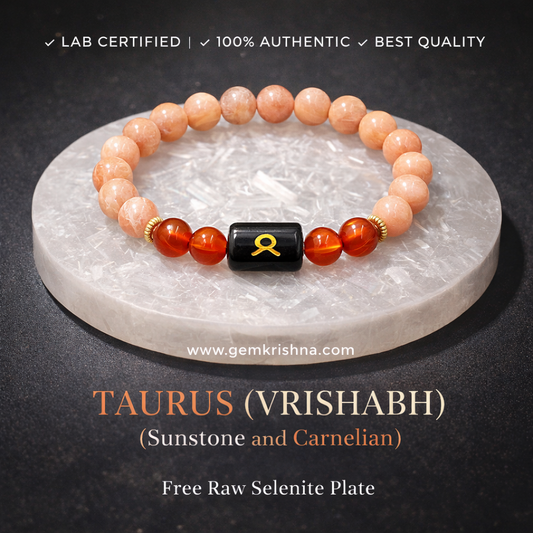 Taurus (Vrishabh) | Sunstone and Carnelian | Natural Crystal Zodiac Sign | Lab Certified | Free Raw Selenite Plate premium Ge