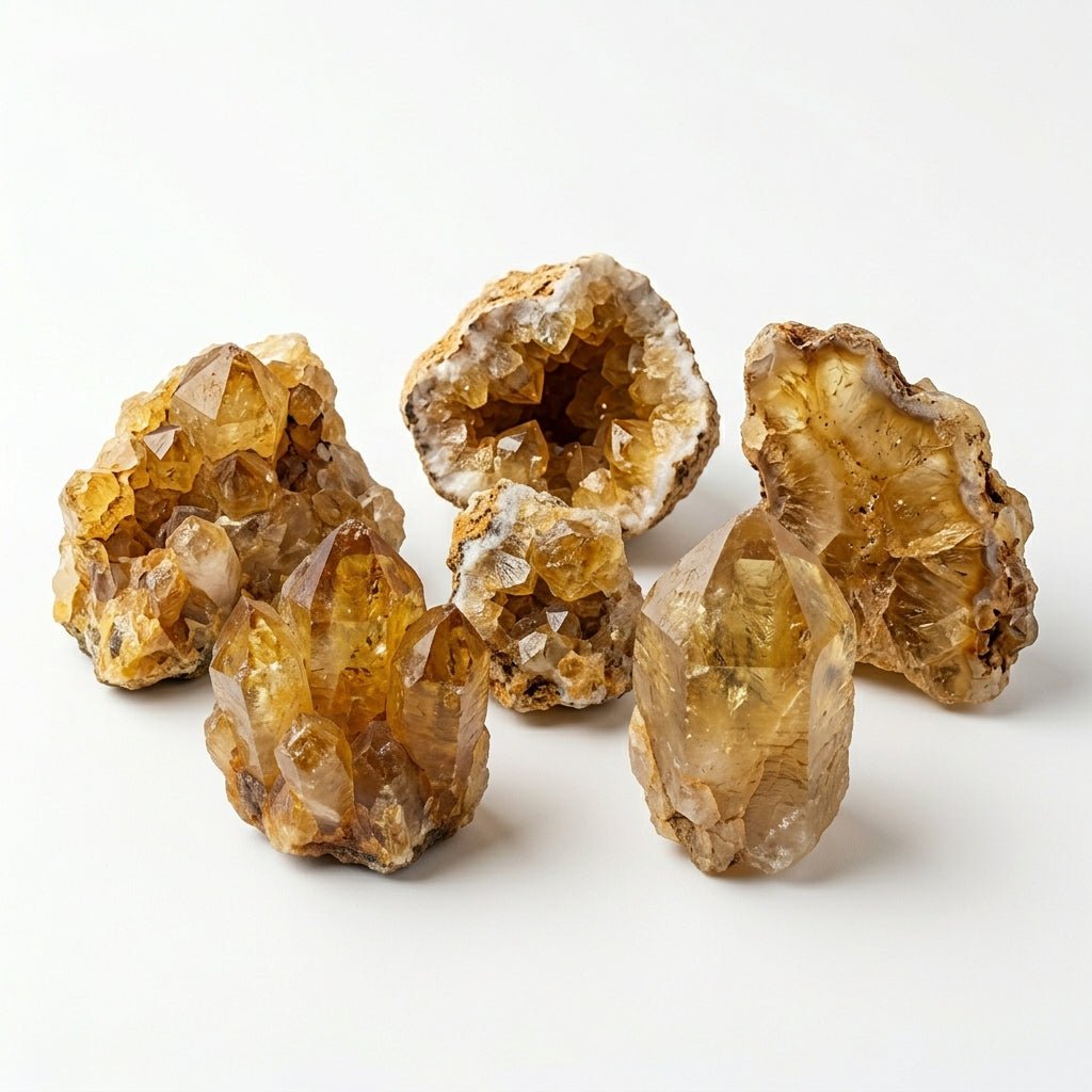 Three raw citrine crystal pieces with golden quartz points and an open cavity