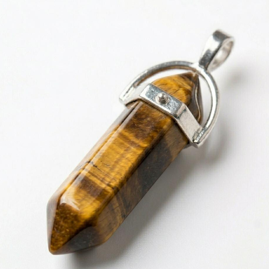 Tiger eye pencil locket pendant with silver-toned bail and clasp detail