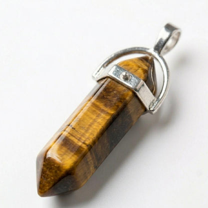Tiger eye pencil locket pendant with silver-toned bail and clasp detail
