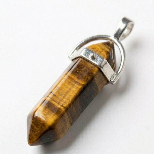 Tiger eye pencil locket pendant with silver-toned bail and clasp detail