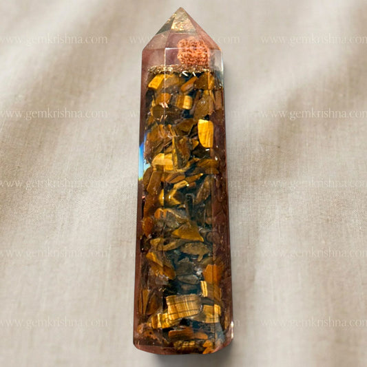 Tiger’s eye crystal tower with a rudraksha bead at the center, close-up front view