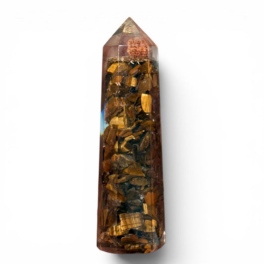 Tiger’s eye crystal tower with rudraksha charm, tall front view against a white background