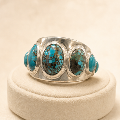 Turquoise multi-stone band ring with oval stones in silver tone setting