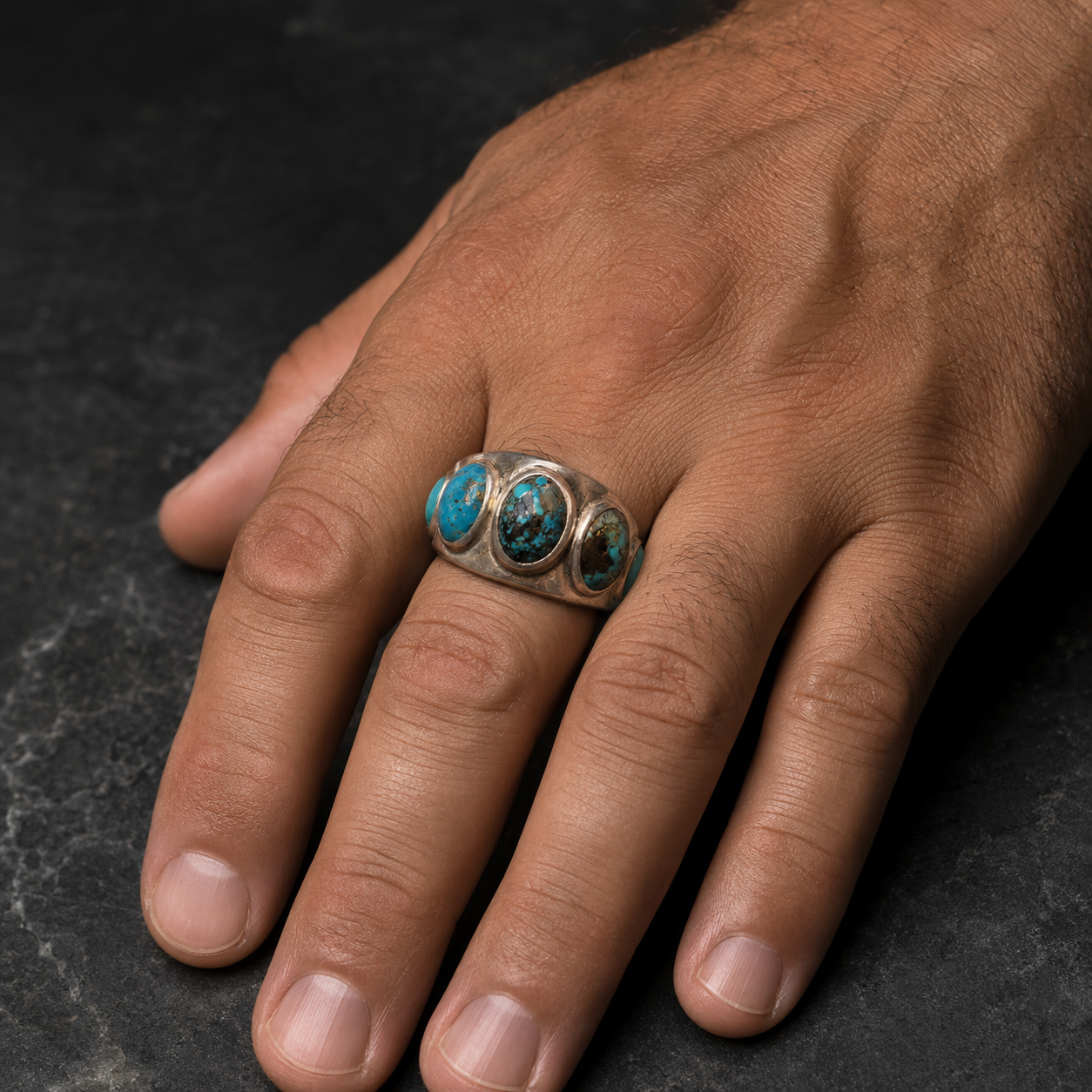 Turquoise multi-stone band ring worn on hand with oval turquoise stones