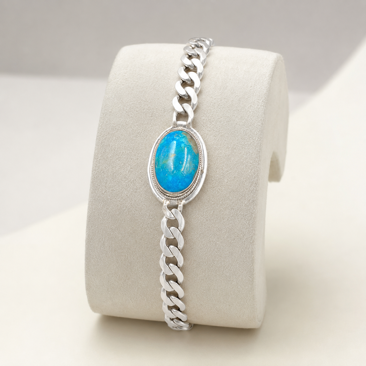 Unisex turquoise oval 925 sterling silver Cuban bracelet with oval pendant setting